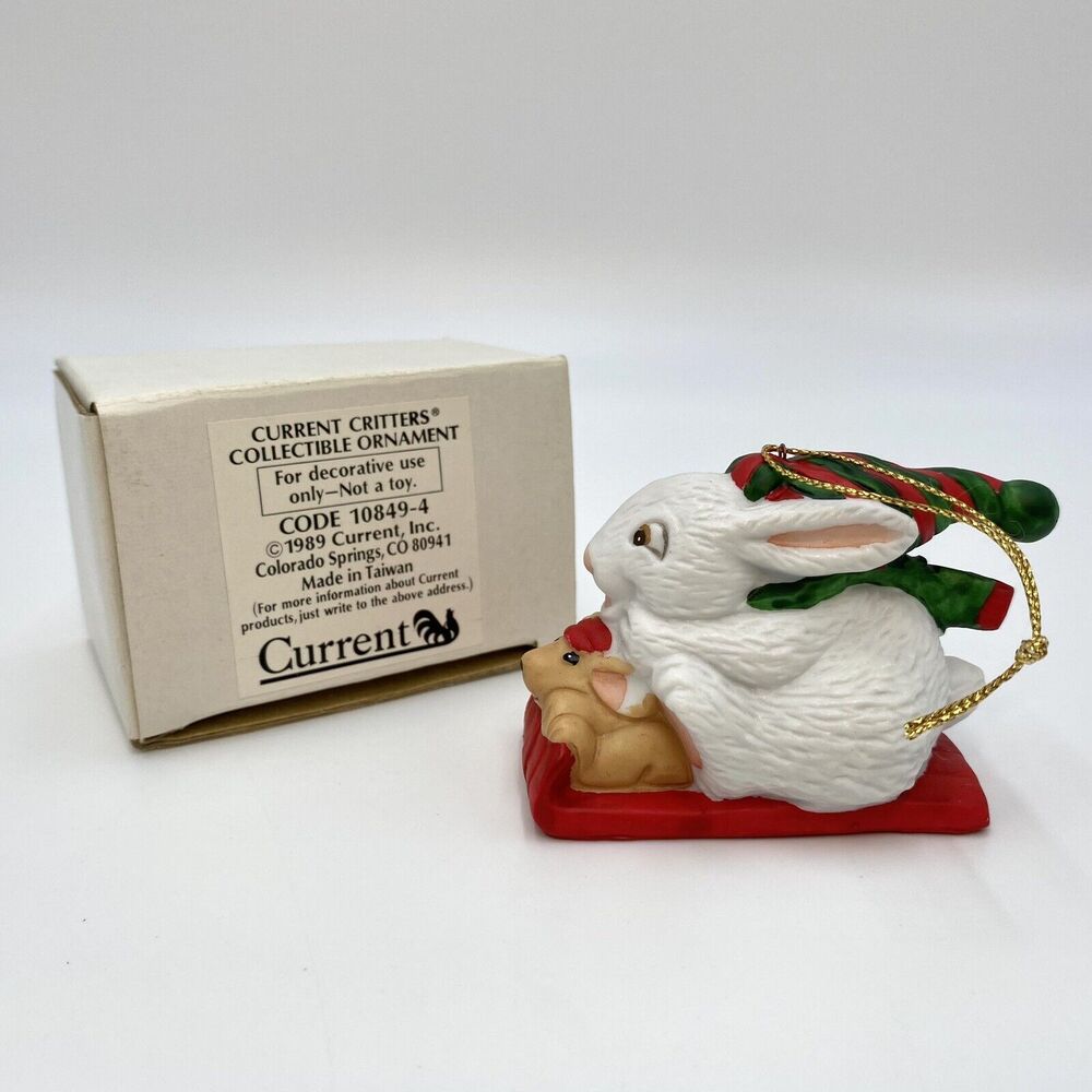 Vtg Current Critters Collectible Christmas Ornament Bunny & Dog on Sleigh 1989
